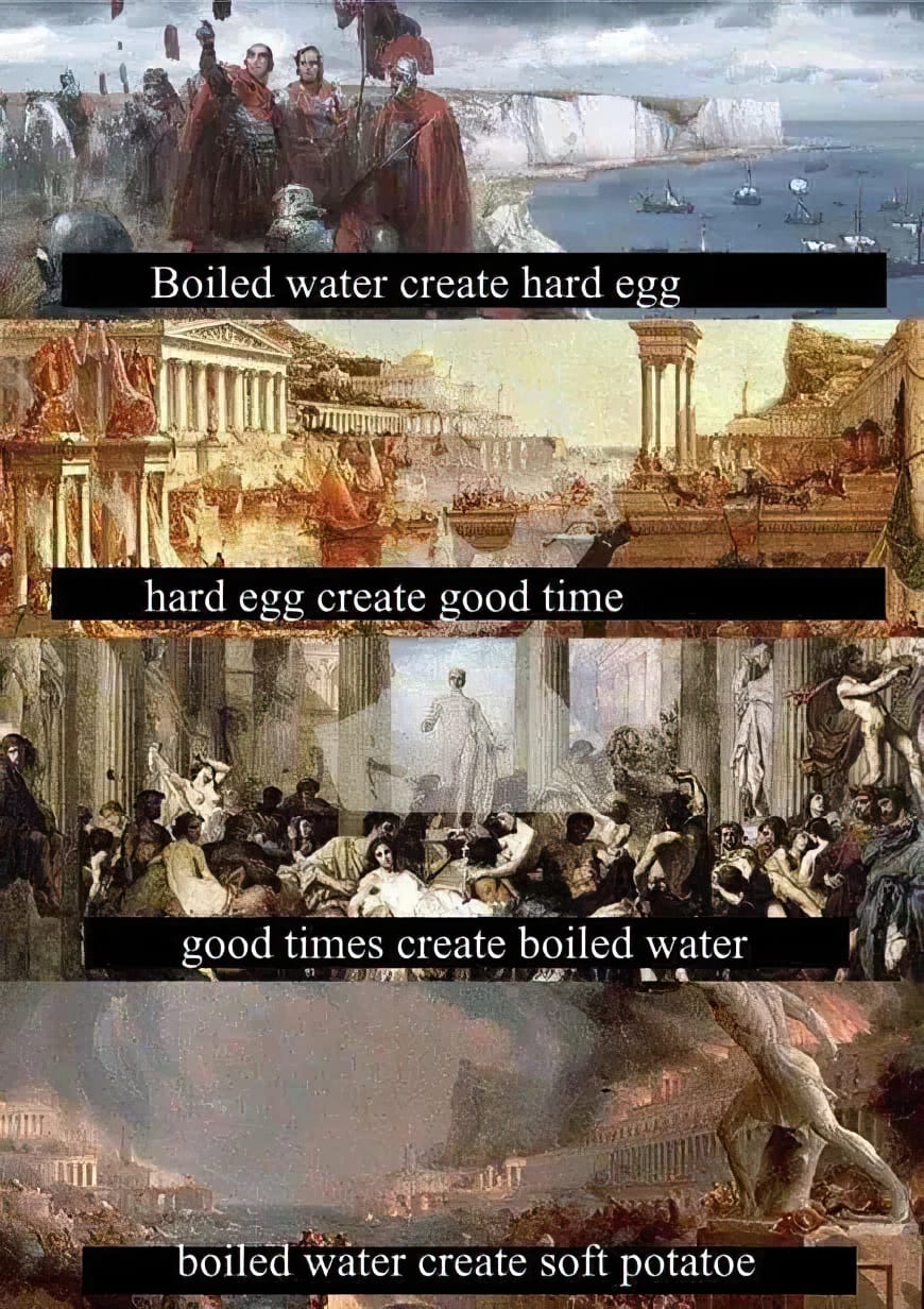 This meme is a humorous comparison between two seemingly unrelated statements. The image juxtaposes a famous painting (the top one) with a modern, humorous statement, implying that the two are similar in some way. The text reads: "Boiled water creates hard eggs, boiled water creates soft potatoes."